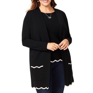 Talbots Womens Black Scalloped Trim Open Front Cardigan Sweater Medium Longline